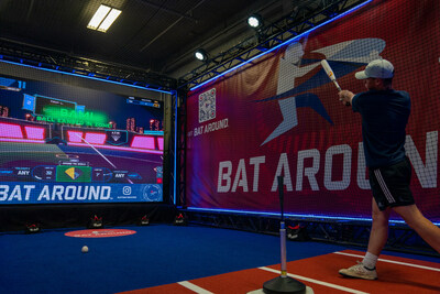 Bat Around™, the new app and software that is gamifying hitting a baseball for teams, players and novices,  is available to fans and enthusiasts attending the College World Series. As part of the Omaha Baseball Village June 15-26, visitors and fans can test their skills and experience the gamification of swinging a bat. Part baseball and part video game, it's inspired by some of the greatest hitters in MLB history including David Eckstein, Fred McGriff, Matt Holliday, Luiz Gonzalez and more. (PRNewsfoto/Batting Challenge Holdings, Inc.)