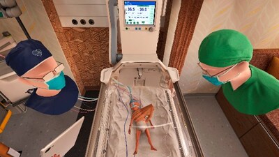 Dräger Babyleo Virtuo XR extended reality simulation of parent checking baby with clinician