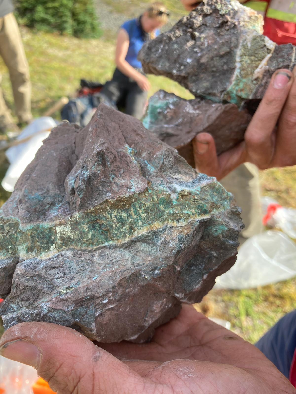 Photo 2: Chalcopyrite rich epidote-carbonate vein sample from Fred 1 Minfile Occurrence