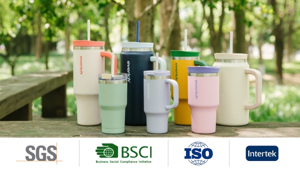 Everich drinkware in various sizes displayed with global quality and compliance certifications.