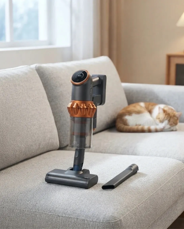 vekto-v18-handheld-sofa.jpgVekto Vacuum V18 in handheld mode with its floor head resting on a light grey sofa cushion beside a crevice tool, with a ginger cat asleep in the background.